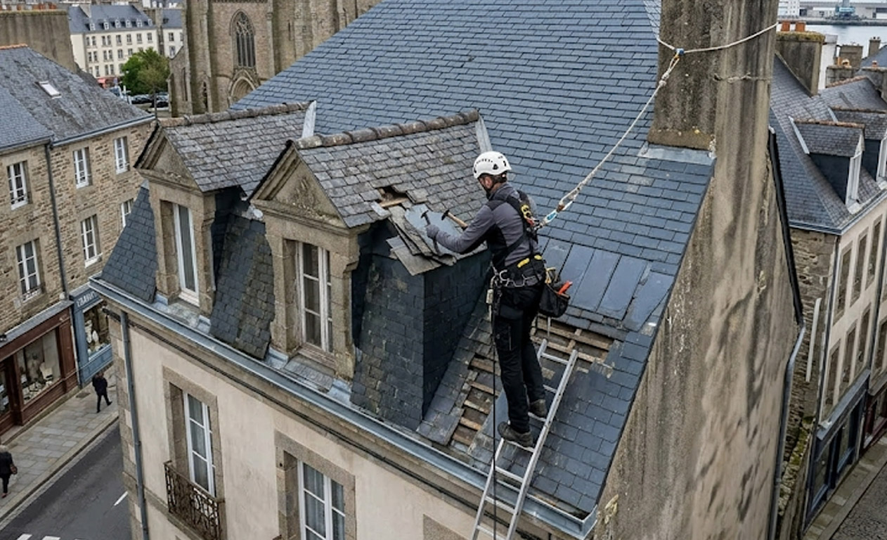 Artisan couvreur en pleine intervention de réparation de toiture à Pont-L'Abbé